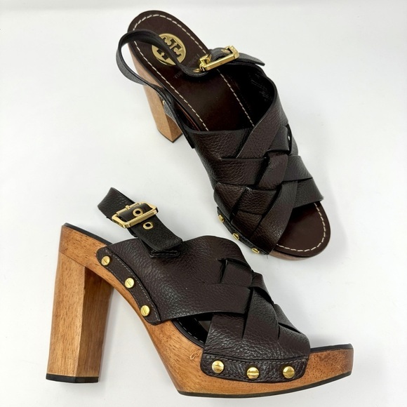 Tory Burch Wooden Platform Leather Studded Sandals - Picture 1 of 11